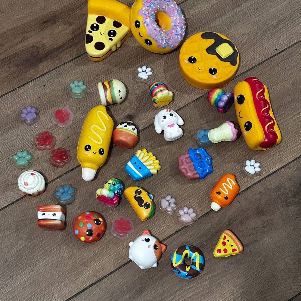 Kawaii Food & Animal Squishy Charm Lot - Yellow, Orange, Pink, Blue Accents